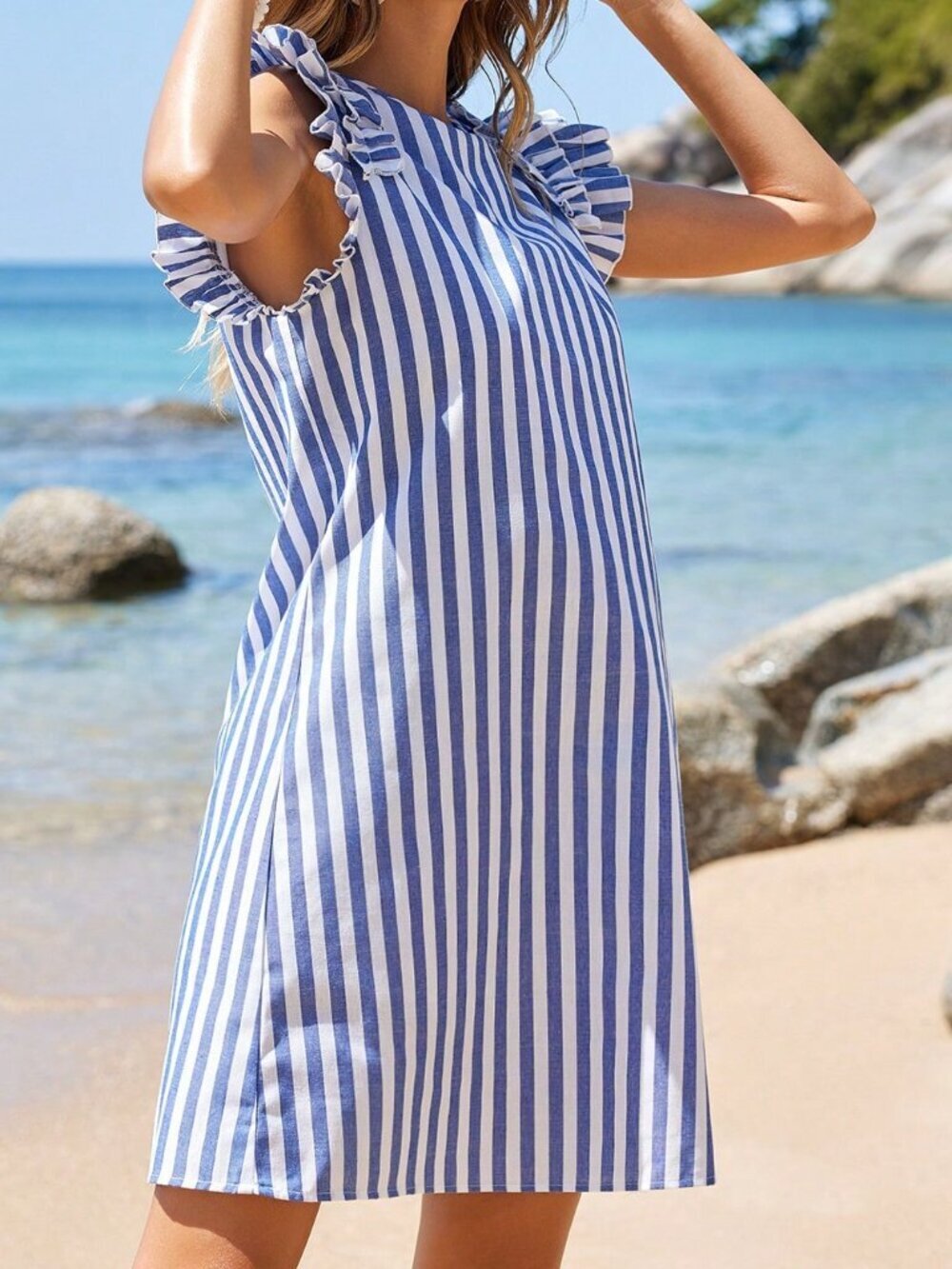 Blue And White Casual Women's Striped Ruffle Trim Strapless Dress - Picture 4 of 6